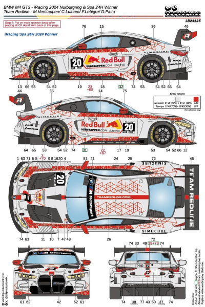 1/24 Decal BMW M4 GT3 - Team Verstappen iRacing Nurburgring 2024 / SPA 24H Team Redline  (LB24125 LBProduction)