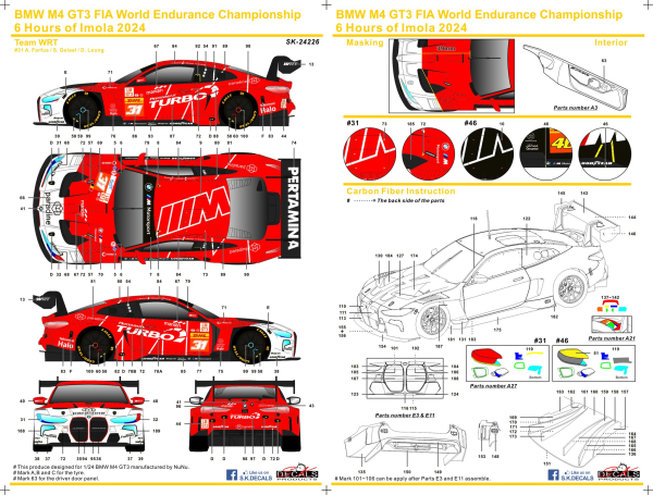 SK decals SK24226 BMW M4 GT3 FIA World Endurance Championship 6 Hours of Imola 2024 Team WRT Nr 46 & Nr 31